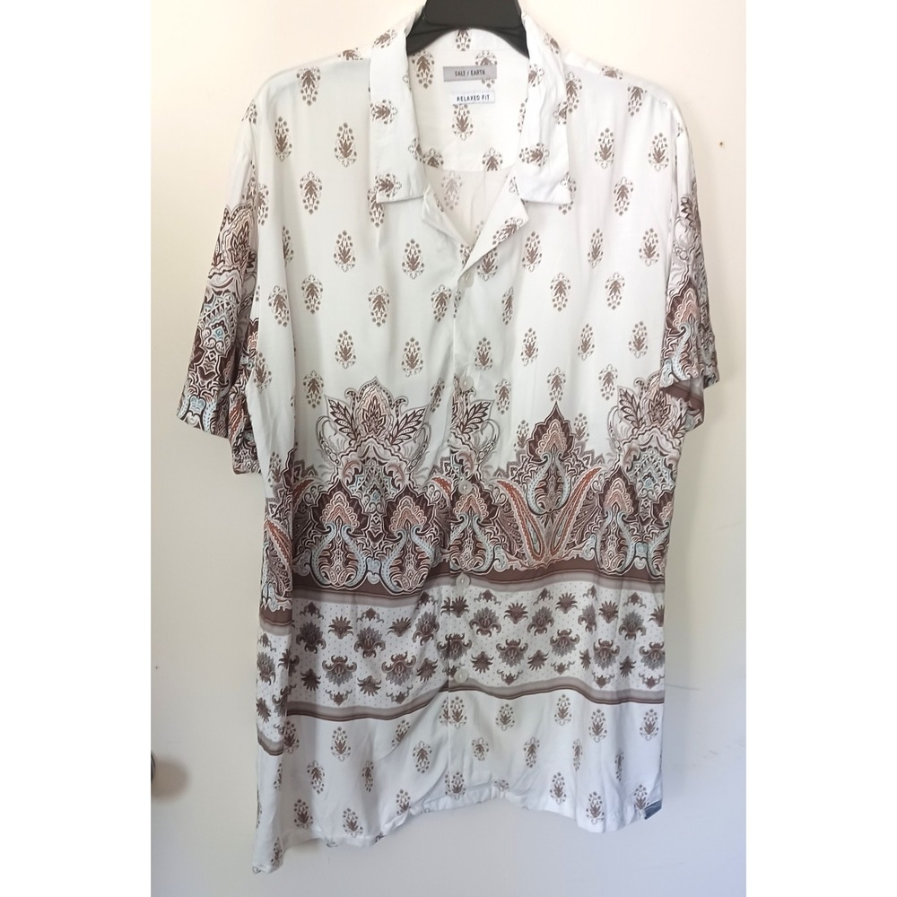 Salt Earth Men L Coconut Harlem Baroque Rayon Relaxed Fit Shirt White‎ Brown